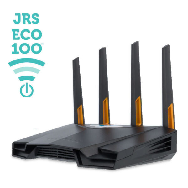 JRS Eco 100 low EMF WiFi router with four black antennas and orange accents, front angled view.