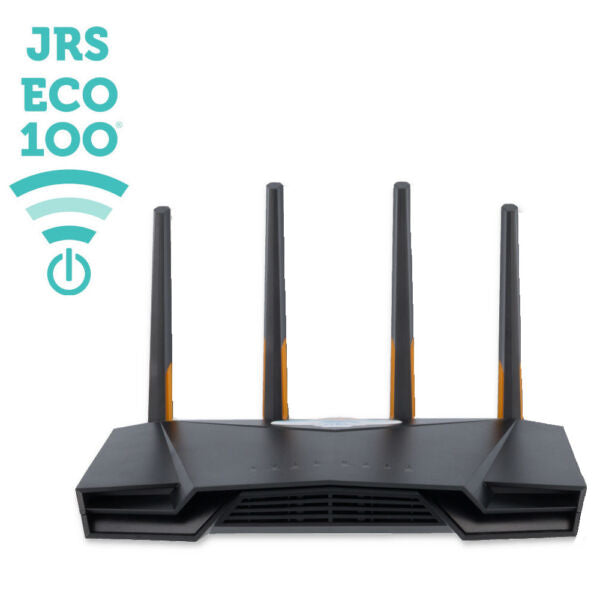 JRS Eco Low EMF WiFi Router with four black antennas and orange accents, front view against white background.