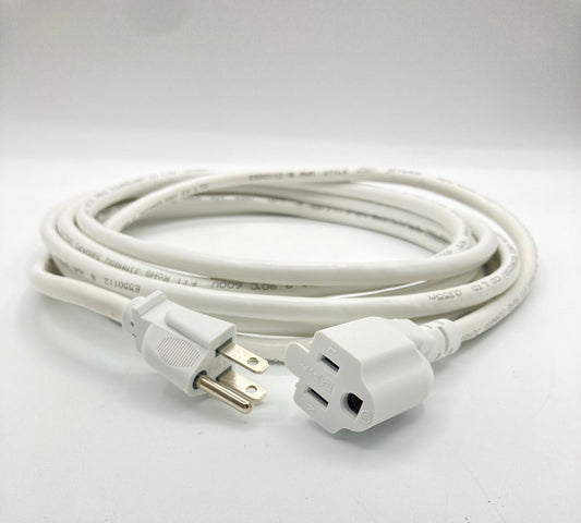 Coiled white extension cord with a three-prong grounded plug and an angled outlet end, photographed on a white surface.