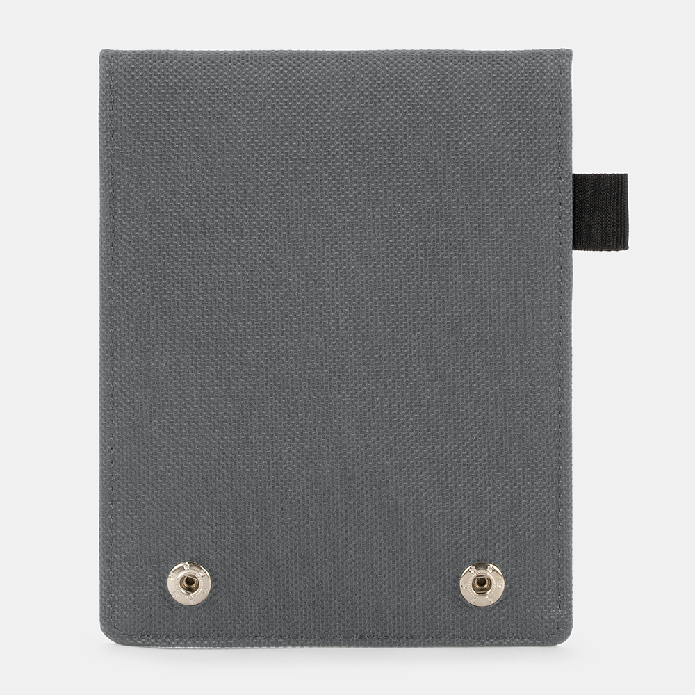 Gray Faraday Key Fob Bag with black fabric tab and two silver snap buttons on front, displayed flat against white background.