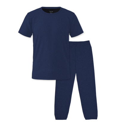 Navy blue HAVN WaveStopper™ Pajama Set with short-sleeve t-shirt and matching jogger pants, front view.
