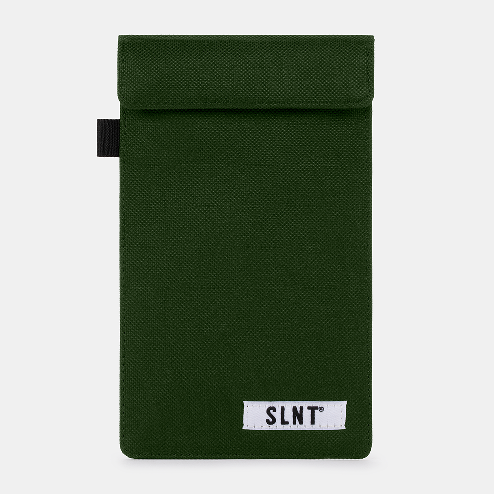 Green Faraday Key Fob Bag with black tab handle and white SLNT brand label, front view against light background.