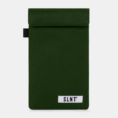 Green Faraday Key Fob Bag with black tab handle and white SLNT brand label, front view against light background.