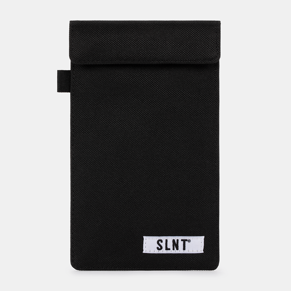 Black Faraday Key Fob Bag with SLNT label, front view showing folded flap closure and side tab.
