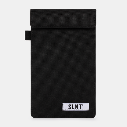 Black Faraday Key Fob Bag with SLNT label, front view showing folded flap closure and side tab.