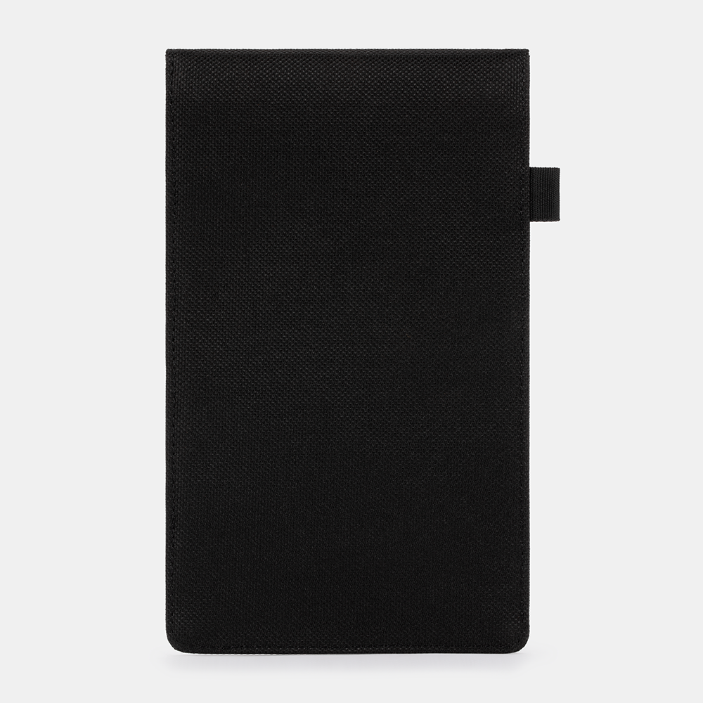 Black Faraday Key Fob Bag with textured fabric surface and side tab closure, front view.