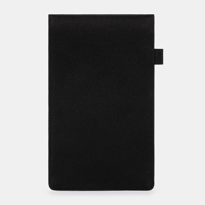 Black Faraday Key Fob Bag with textured fabric surface and side tab closure, front view.