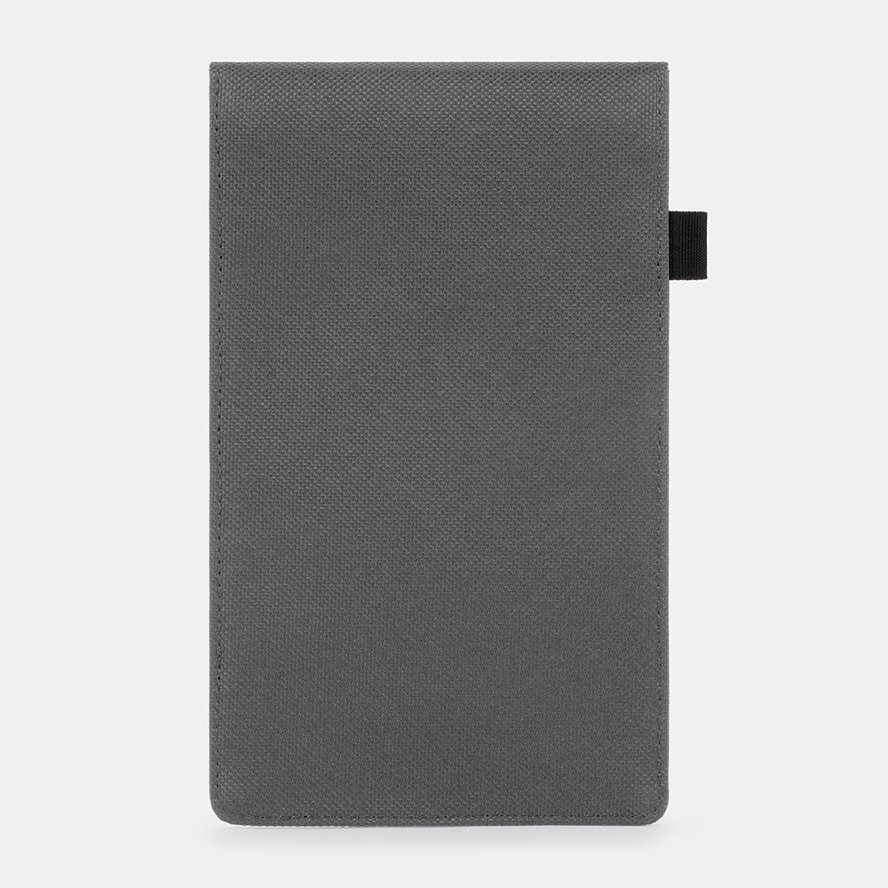 Gray fabric Faraday Key Fob Bag with black elastic tab closure on right side, front view.