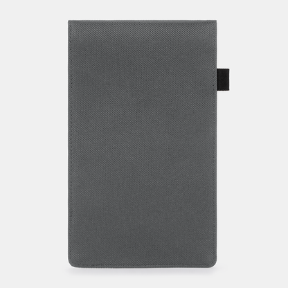 Gray fabric Faraday Key Fob Bag with black elastic tab closure on right side, front view.