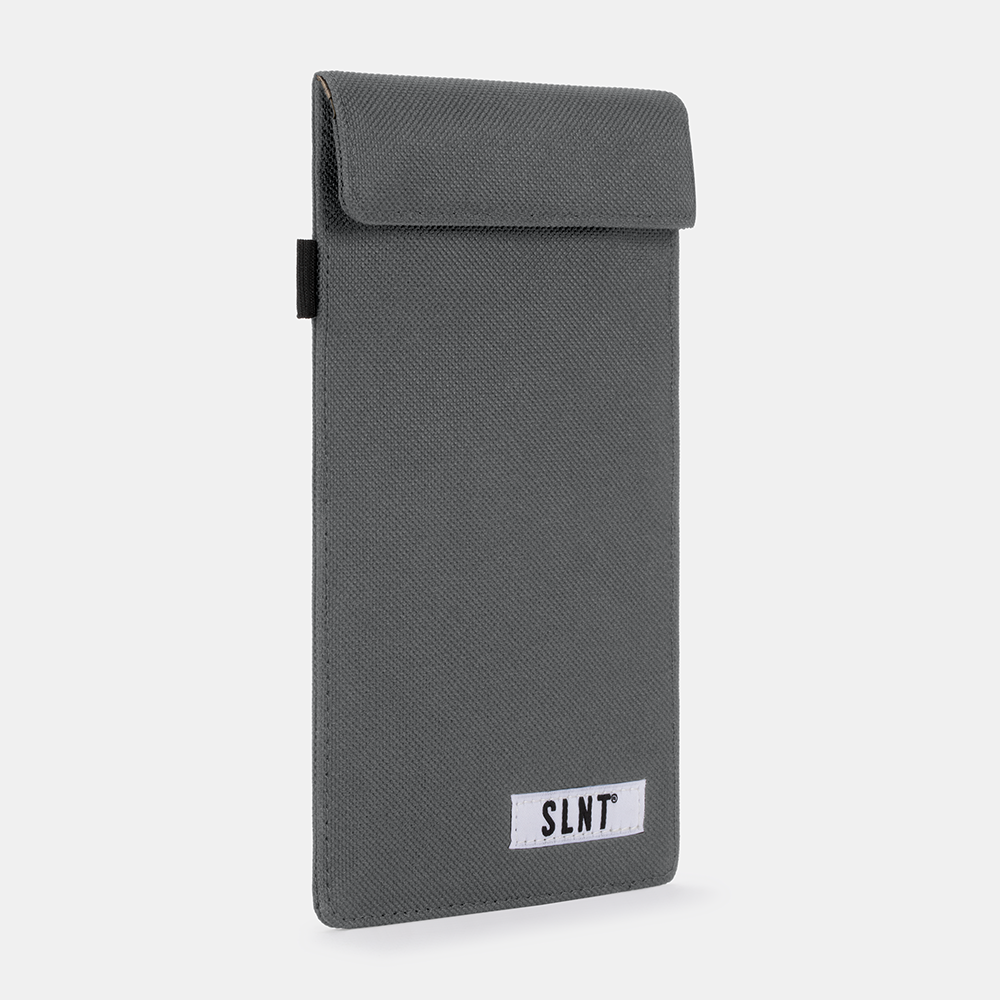 Gray Faraday Key Fob Bag with SLNT label, front view showing flap closure and black side strap against white background.