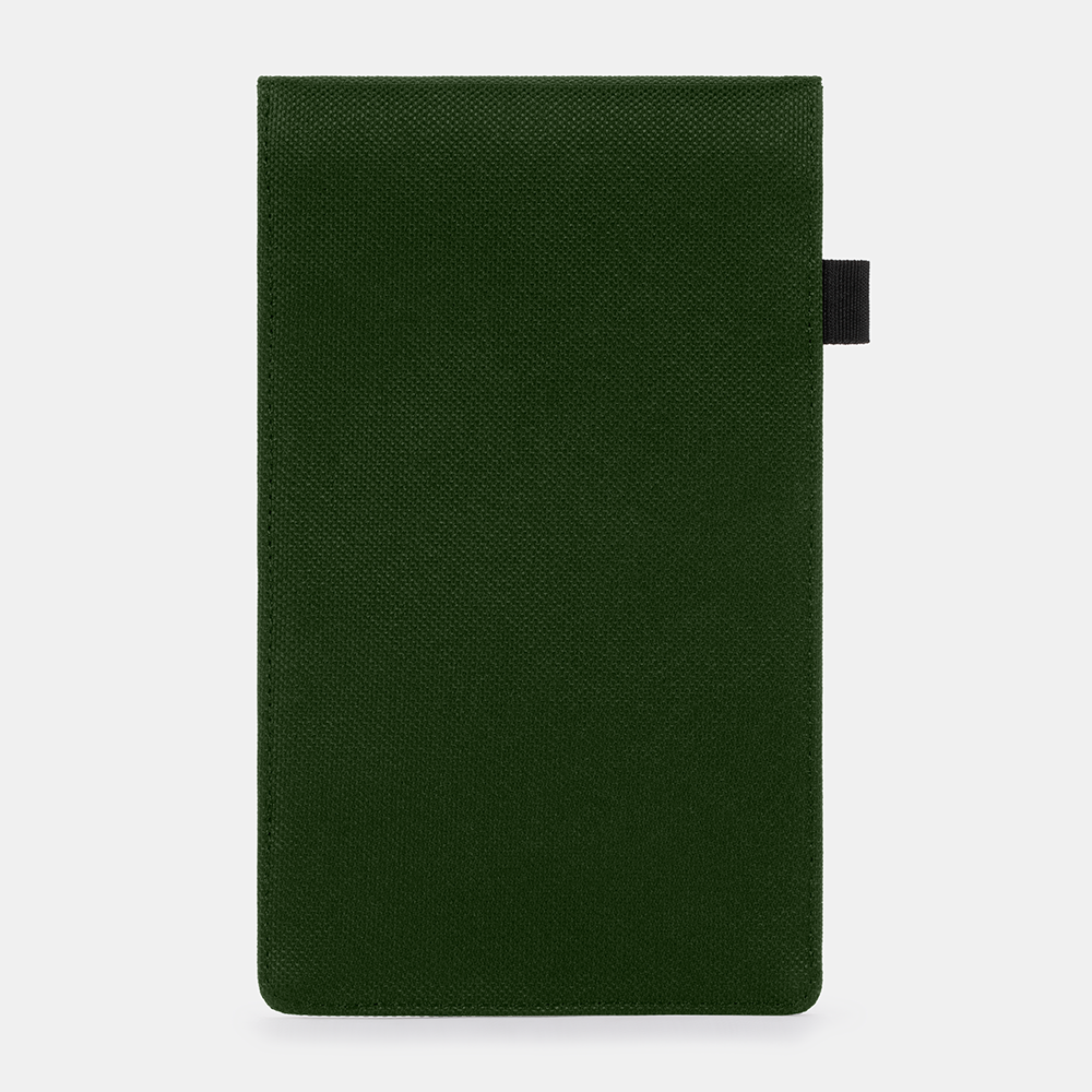 Green Faraday Key Fob Bag with black elastic loop closure, front view on neutral background.
