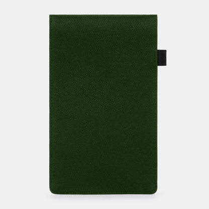 Green Faraday Key Fob Bag with black elastic loop closure, front view on neutral background.