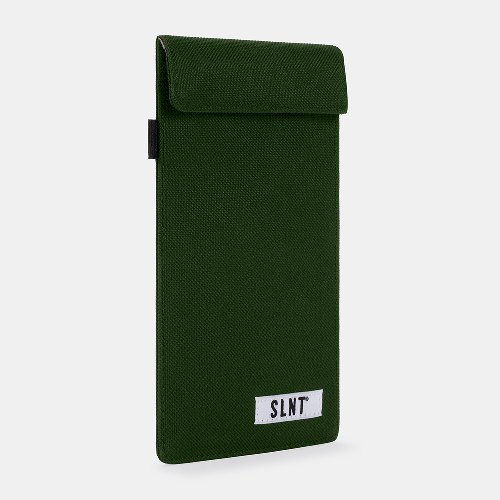 Green Faraday Key Fob Bag with black accent strap and white SLNT label, angled front view against white background.