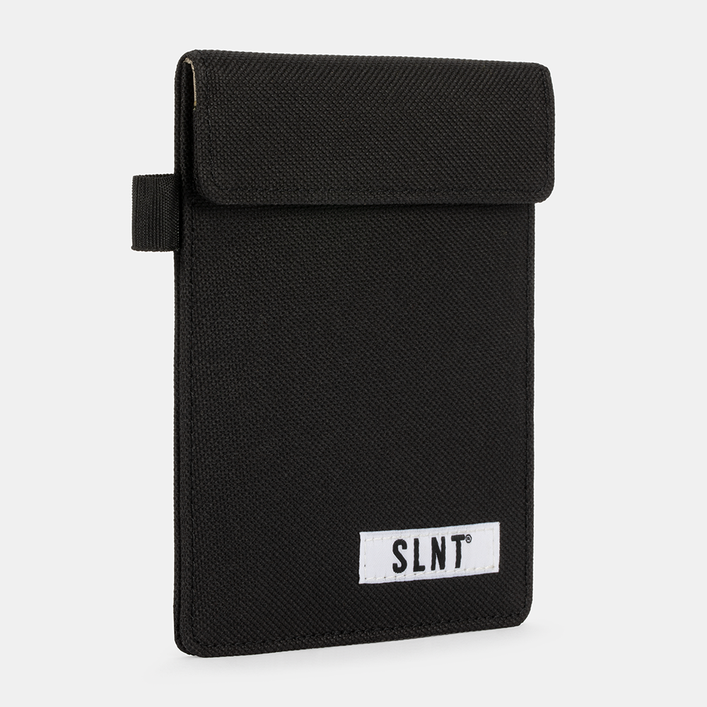 Black SLNT Faraday Key Fob Bag with white logo label and side carrying strap, front view.