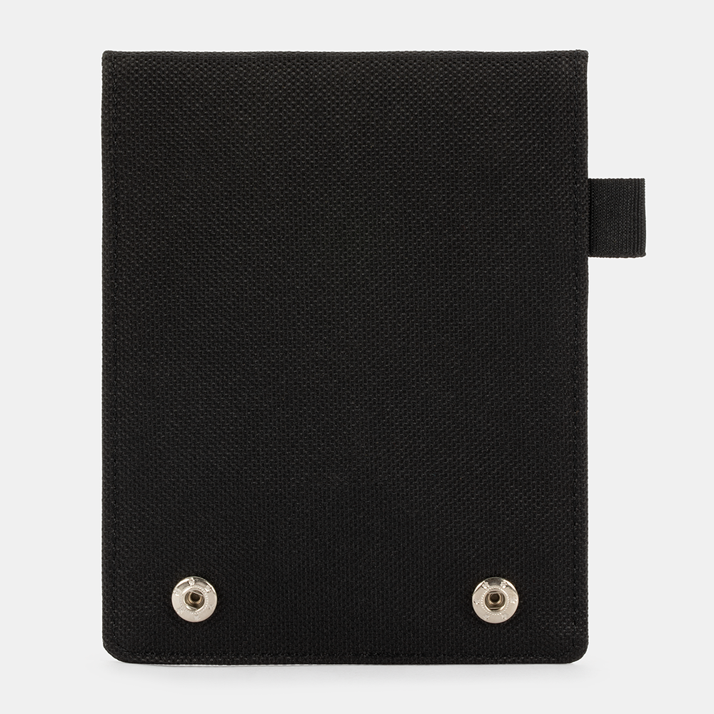 Black Faraday Key Fob Bag front view with two metal snap buttons at bottom and carrying strap on right side.