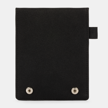 Black Faraday Key Fob Bag front view with two metal snap buttons at bottom and carrying strap on right side.