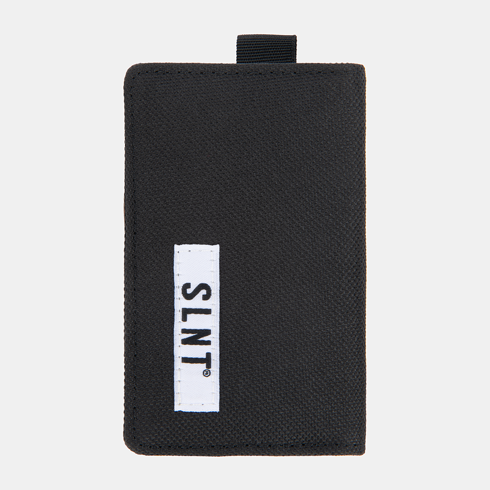 Black Faraday Key Fob Bag with white LNTS label and dark nylon loop attachment at top, front view.
