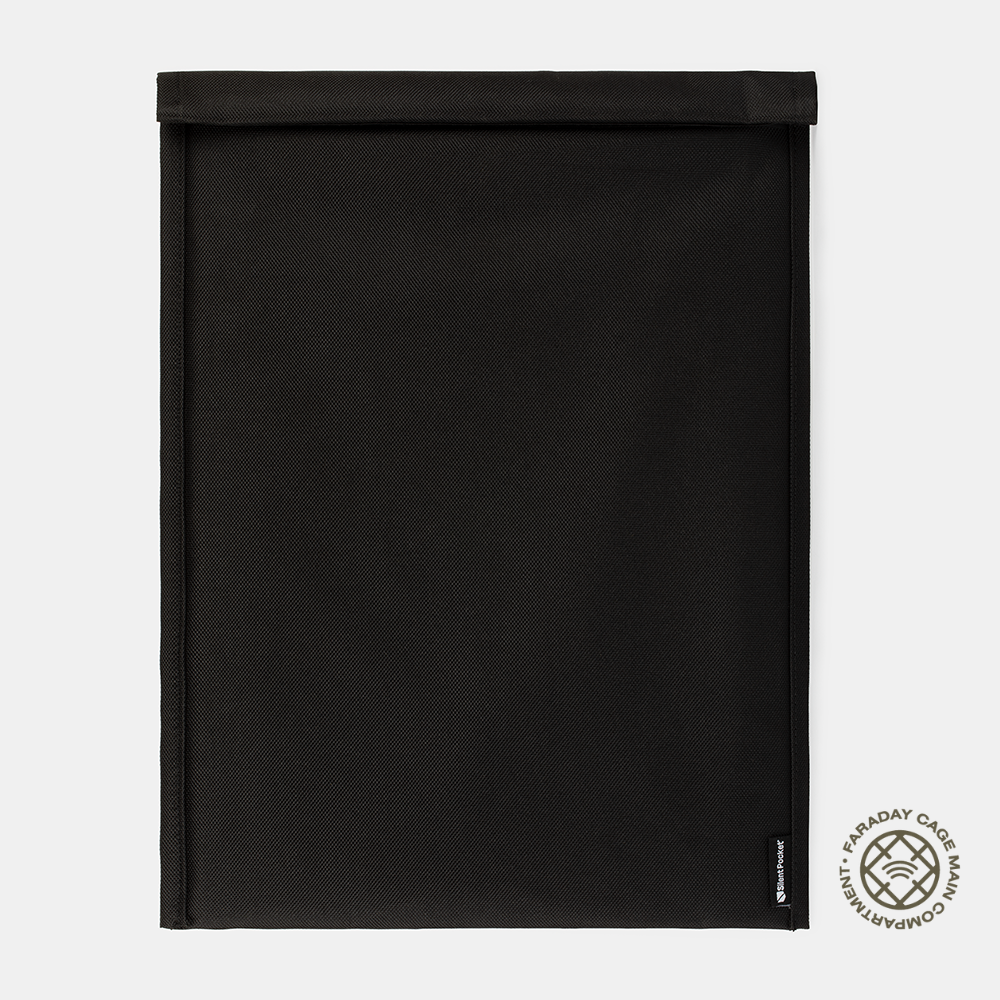 SLNT Faraday Laptop Bag in black with fold-over flap and Faraday cage branding, front view.