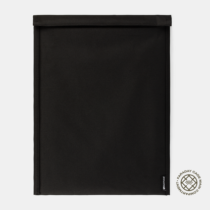 SLNT Faraday Laptop Bag in black with fold-over flap and Faraday cage branding, front view.