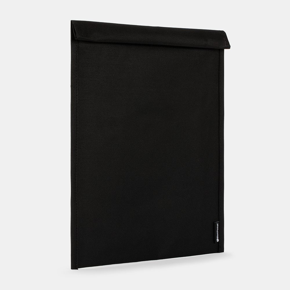 Black SLNT Faraday Laptop Bag displayed at an angle, showing the front panel and folded top flap against a light background.