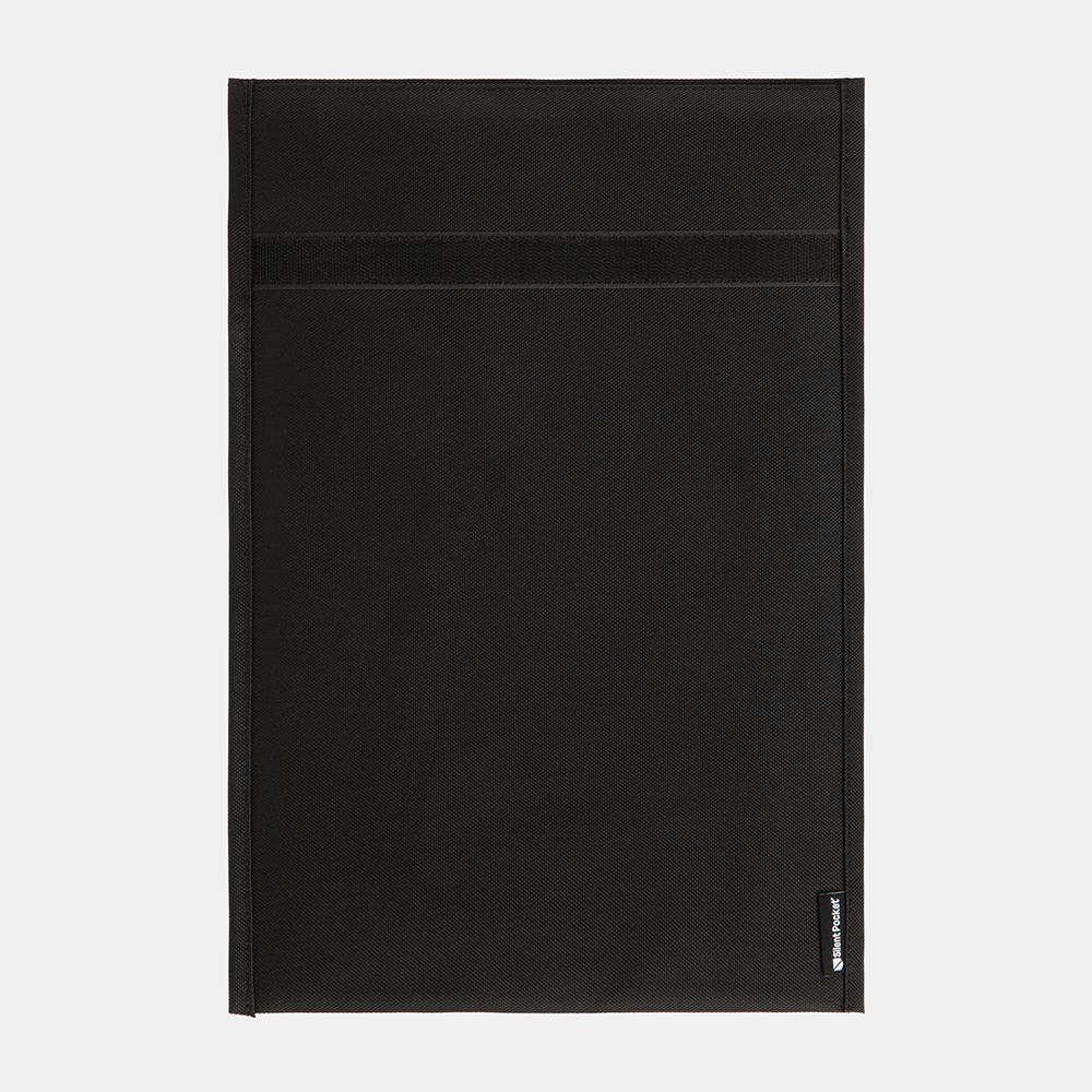 Black SLNT Faraday Laptop Bag displayed flat, showing front view with horizontal stripe detail and branded logo at bottom right corner.