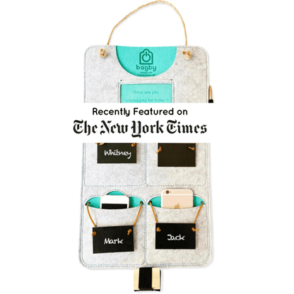 Bagby 4 Pocket Phone Holder organizer with personalized name labels, featuring turquoise and cream felt construction with rope handles.