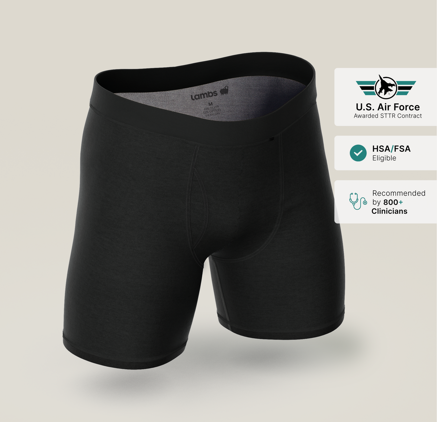 Black HAVN WaveStopper™ Boxer Briefs 2.0 displayed flat on neutral background with product certifications shown.