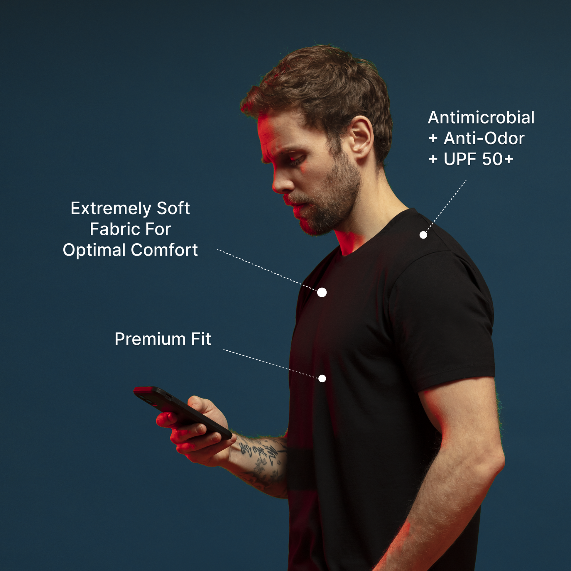 Man wearing black HAVN WaveStopper™ T-Shirt 2.0 with feature callouts highlighting soft fabric, premium fit, antimicrobial, anti-odor, and UPF 50+ protection.