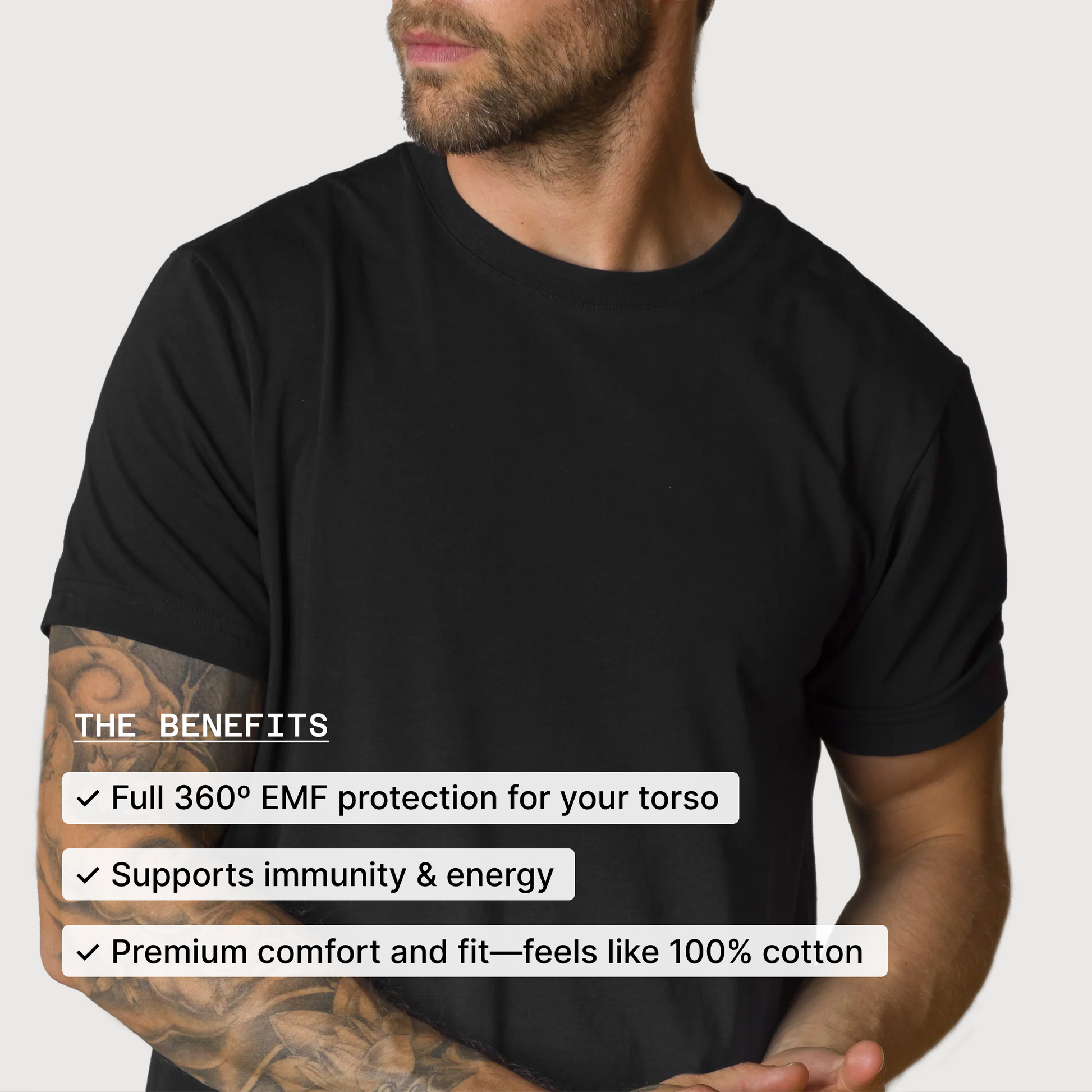 Man wearing black HAVN WaveStopper™ T-Shirt 2.0 with benefits listed: 360° EMF protection, immunity support, and premium cotton comfort.