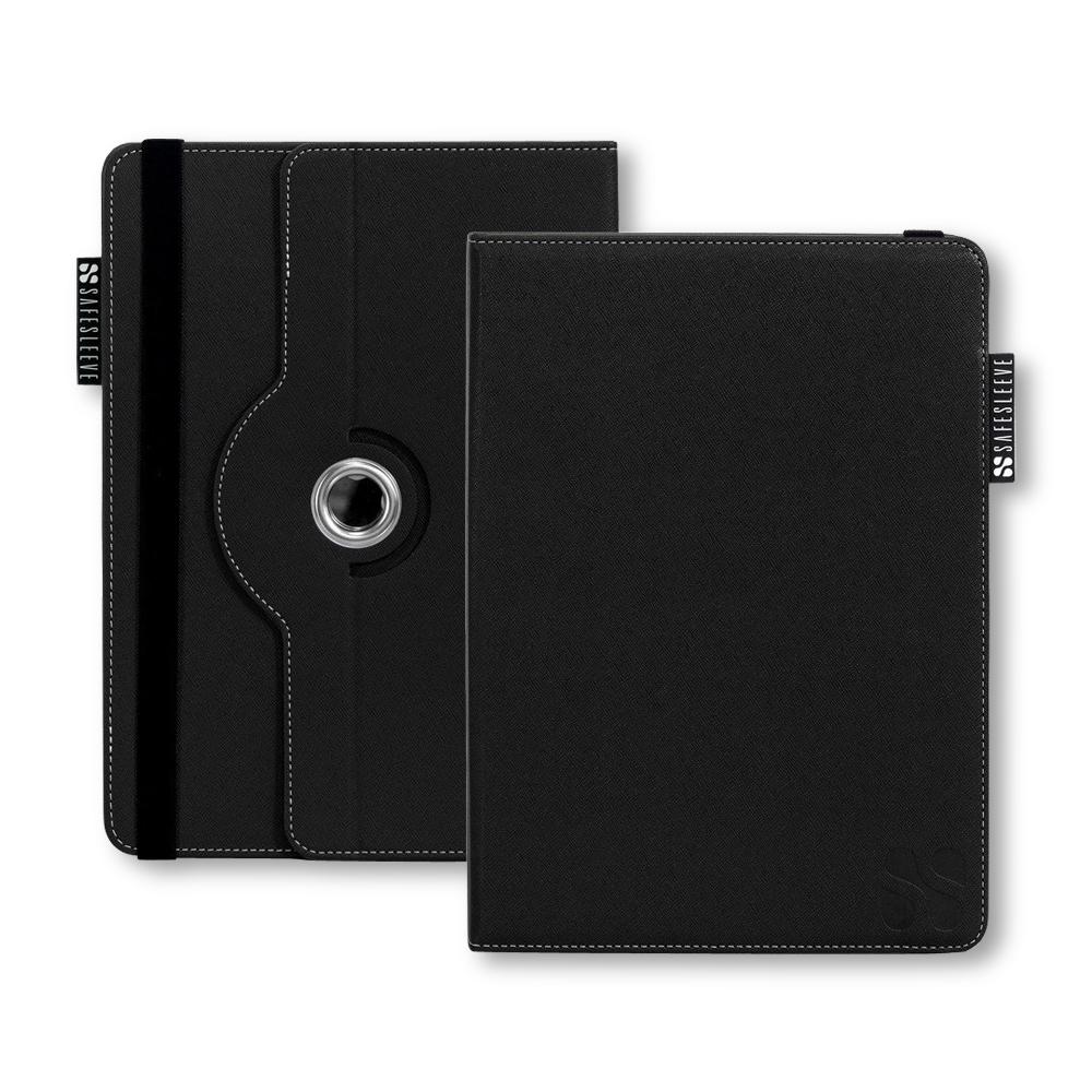 SafeSleeve Universal Tablet Case in black shown front and back views with rotating stand and stitched detailing.