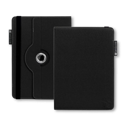 SafeSleeve Universal Tablet Case in black shown front and back views with rotating stand and stitched detailing.