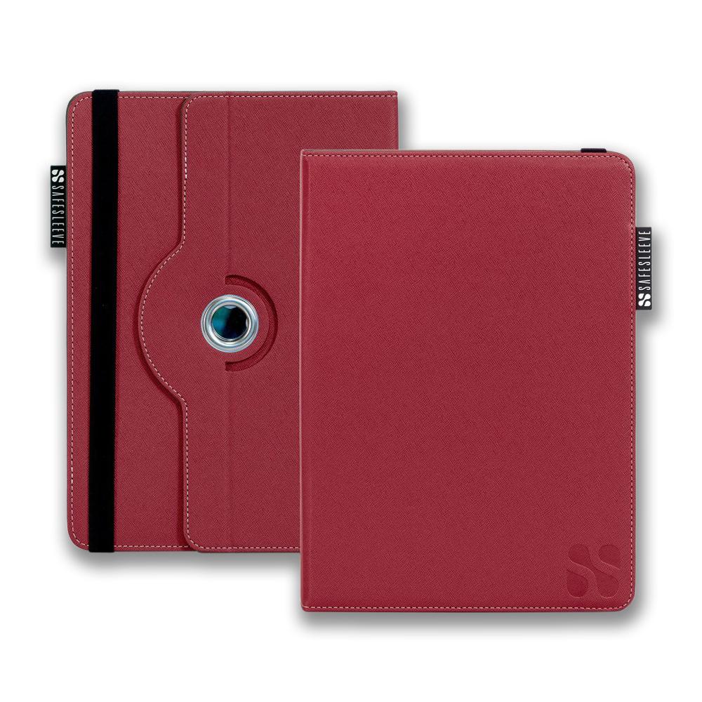 SafeSleeve Universal Tablet Case in burgundy red shown from front and back views, featuring rotating stand and black elastic bands.