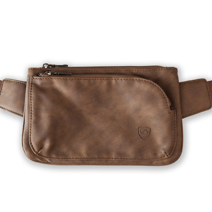 SYB Cross Body Fanny Pack in Metro Vegan Leather, front view, tan brown color with dual zippered compartments and adjustable belt straps.