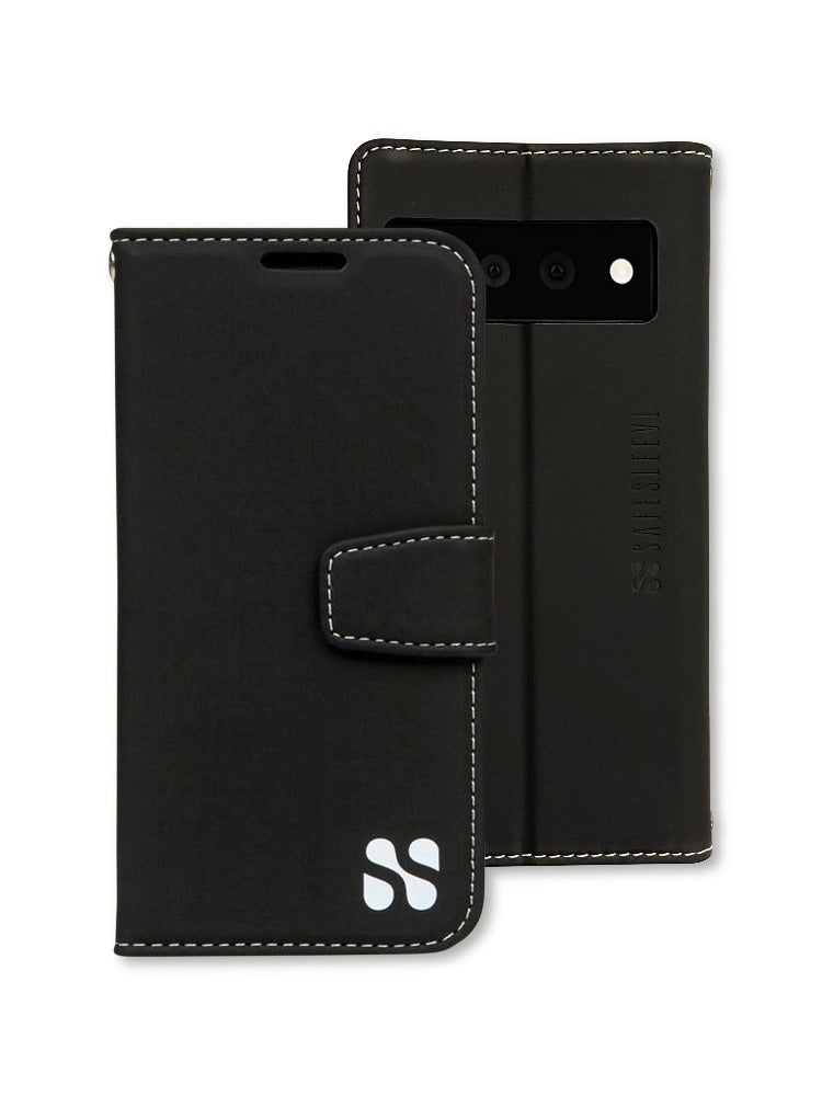 SafeSleeve Case for Google Pixel in black leather with white stitching, shown open and closed views displaying front cover and back of phone.