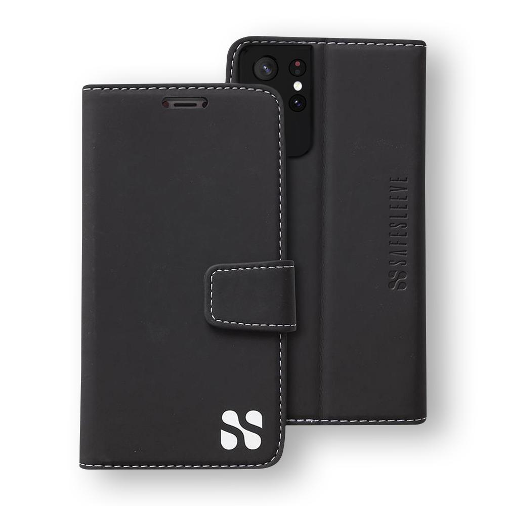 SafeSleeve Case for Samsung Galaxy shown open and closed, displaying black leather exterior with white stitching and logo detail.