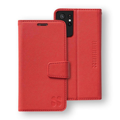 SafeSleeve Case for Samsung Galaxy in red, shown open and closed views displaying front cover and back panel with textured fabric design.