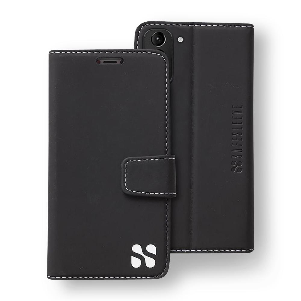 Black SafeSleeve Case for Samsung Galaxy shown open and closed, displaying white stitching detail and brand logo on front cover.
