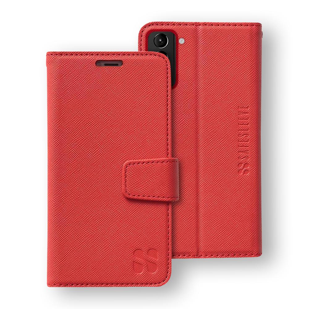Red SafeSleeve Case for Samsung Galaxy displayed open and closed, showing front cover with magnetic closure and textured fabric design.
