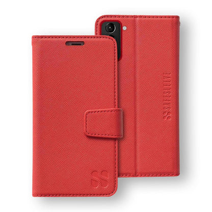 Red SafeSleeve Case for Samsung Galaxy displayed open and closed, showing front cover with magnetic closure and textured fabric design.