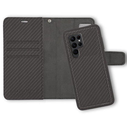 SafeSleeve Detachable Case for Samsung Galaxy shown open and closed, displaying carbon fiber pattern exterior and interior wallet slots.