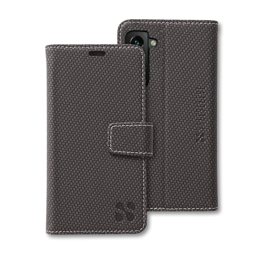 SafeSleeve Detachable Case for Samsung Galaxy in gray woven fabric with white stitching, shown open and closed views.