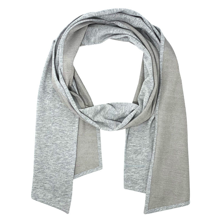 TRU47 Reversible Silver Cotton Double Knit Scarf displayed loosely draped showing both sides of the fabric in gray tones.