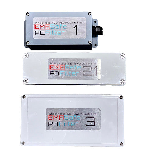 Three EMFSafe PQFilter models displayed vertically, showing size progression from compact unit 1 to larger unit 3.
