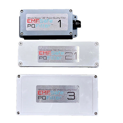 Three EMFSafe PQFilter models displayed vertically, showing size progression from compact unit 1 to larger unit 3.
