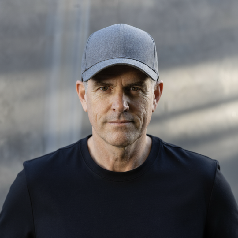 Man wearing light blue HAVN WaveStopper™ Performance Cap and black shirt, front view against blurred urban background.