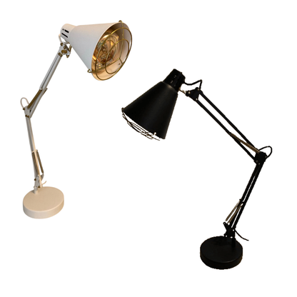A white desk lamp with gold accents and a matching black desk lamp, both with adjustable spring arms and wire-guard cone shades, on a white background.
