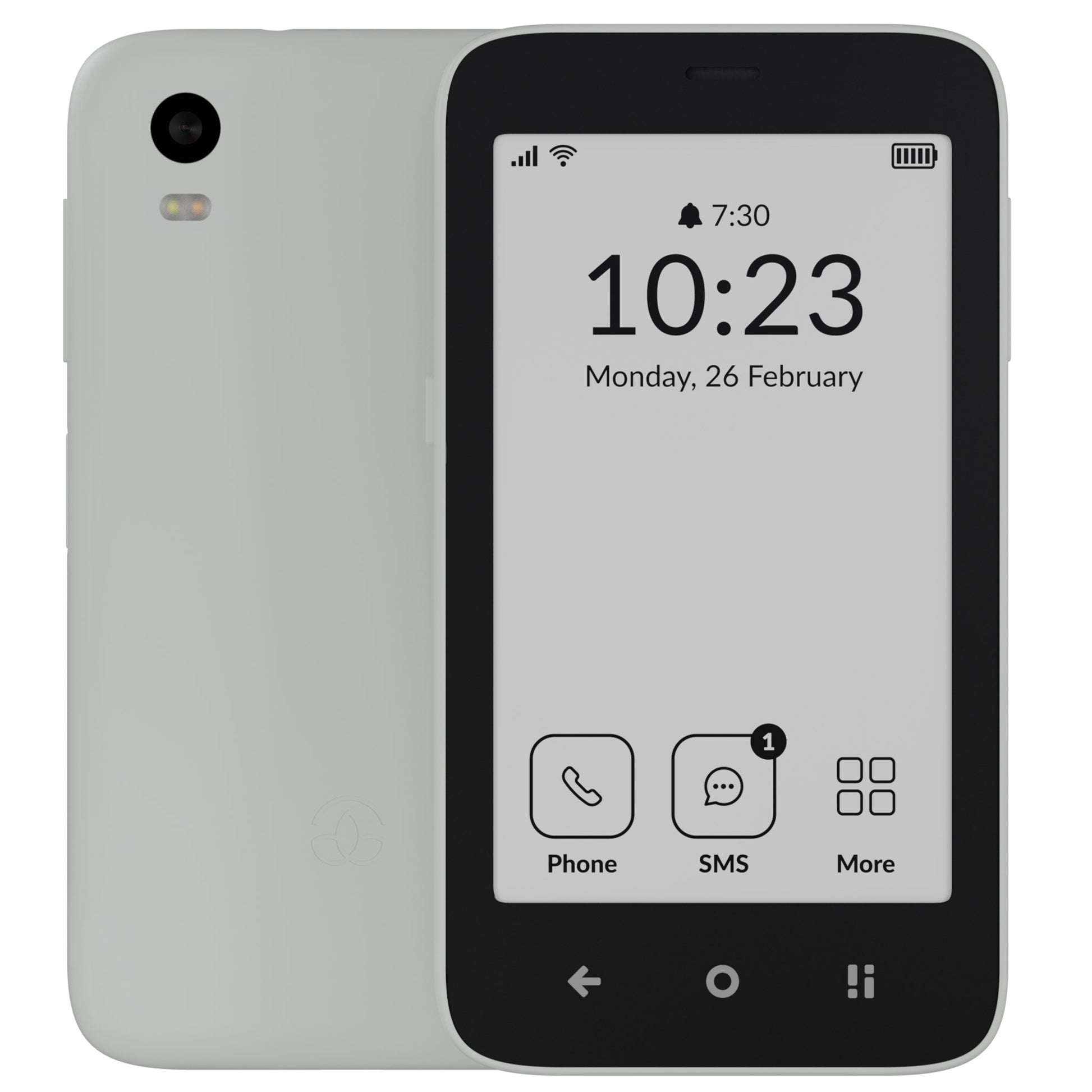 Mudita Kompakt phone shown front and back views, displaying lock screen with time 10:23, Monday 26 February, and home screen with Phone, SMS, and More icons.