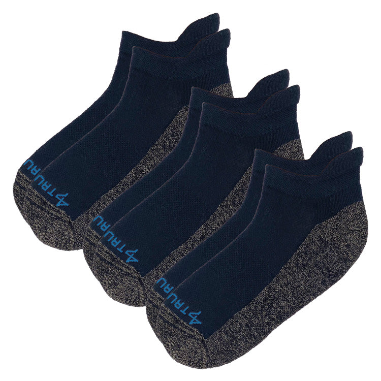 Three pairs of TRU47 black merino wool low-cut grounding socks displayed stacked, showing dark navy tops with gray reinforced soles and blue branding.