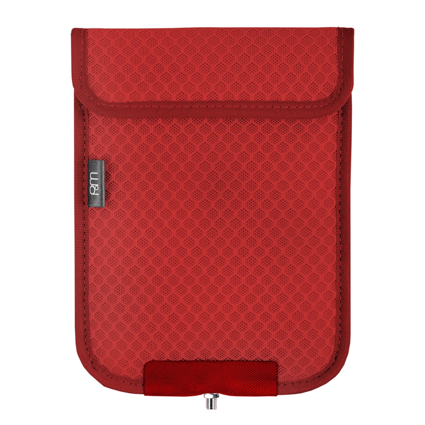 Red PoM Shield ECO Phone Faraday Cage with textured fabric exterior, flap closure, brand label, and pull tab, front view.