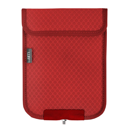 Red PoM Shield ECO Phone Faraday Cage with textured fabric exterior, flap closure, brand label, and pull tab, front view.